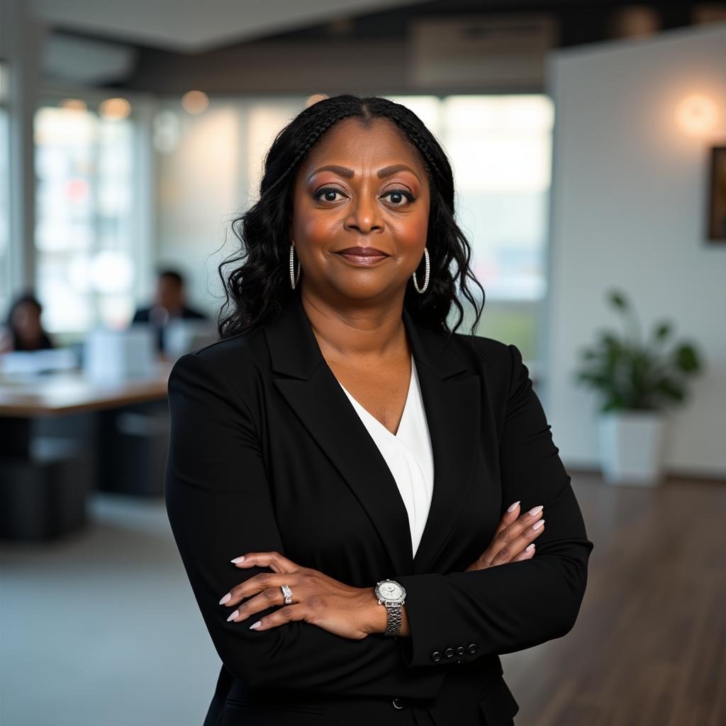 Confident businesswoman in a black blazer stands with arms crossed in a modern office setting, conveying professionalism and leadership.
