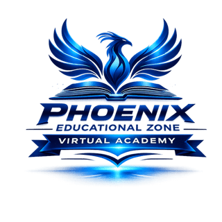Logo for Phoenix Educational Zone Virtual Academy featuring a blue phoenix rising above an open book, symbolizing growth and knowledge.