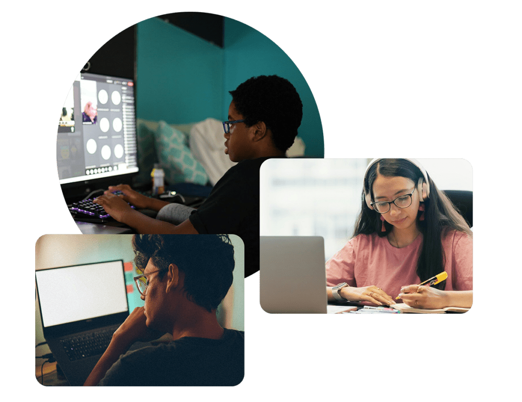 Three students engaged in different learning activities: one on a computer for digital tasks, another focused on a blank screen, and a third taking notes with headphones.